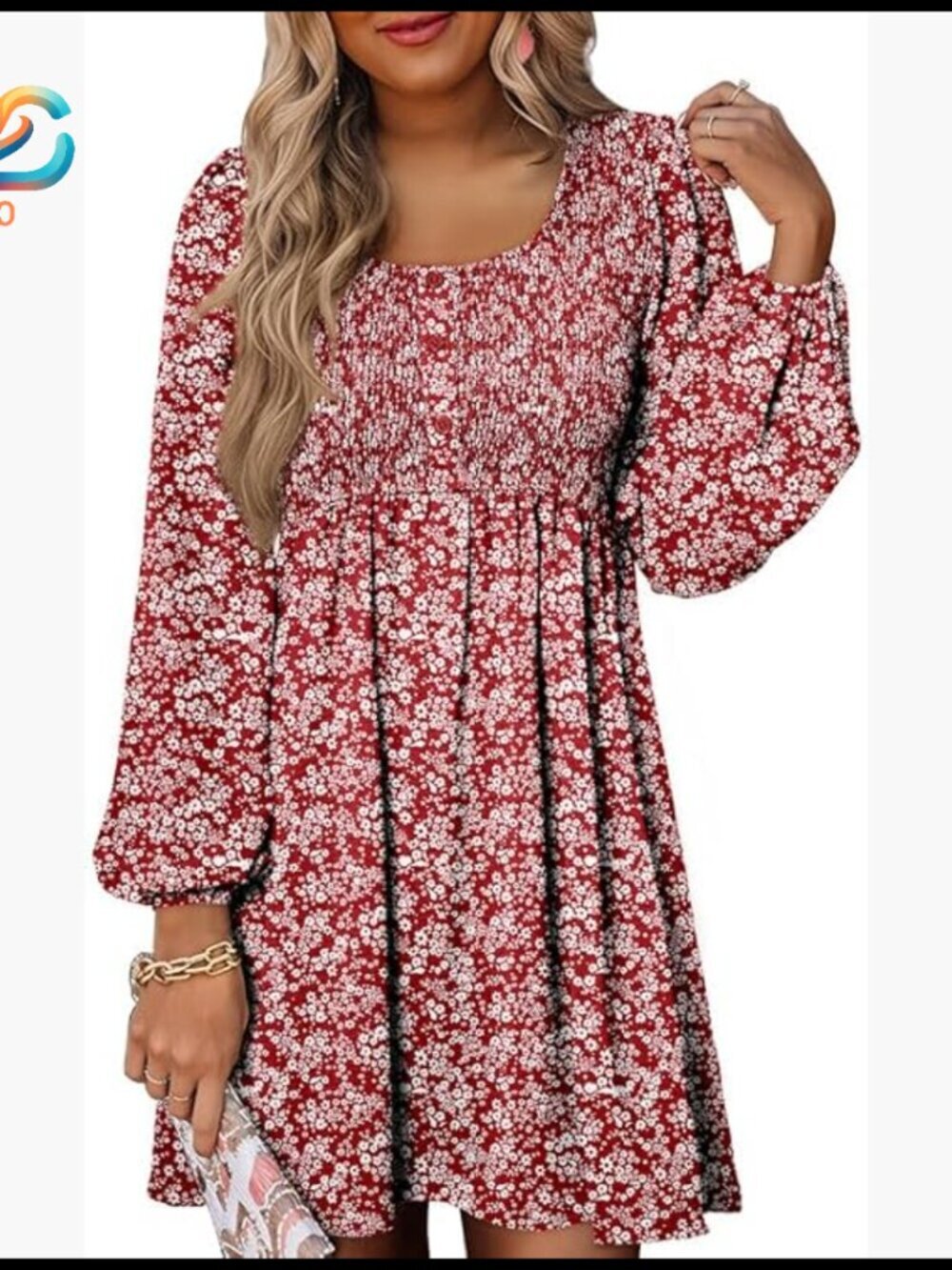 Long Sleeve Smocked Empire Waist A-Line Mini Dress Casual Elegant